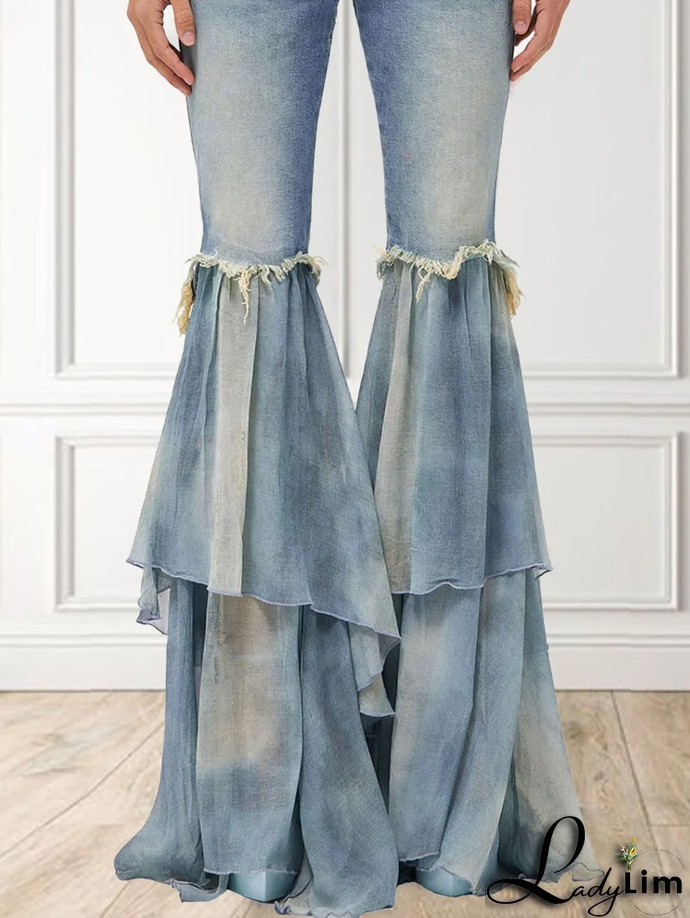 Fashion Light Washed Tassel Flare Leg Spliced Layered Ruffle Pants