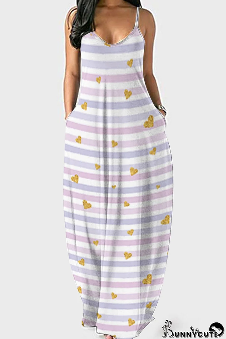 Light Purple Casual Striped Print Patchwork Spaghetti Strap Sling Dress Dresses