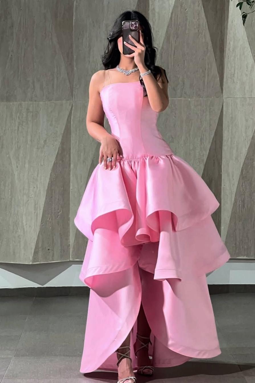 Lussooy Satin Exquisite Pink Strapless Sleeveless Pleated Cake Long Prom Dress 