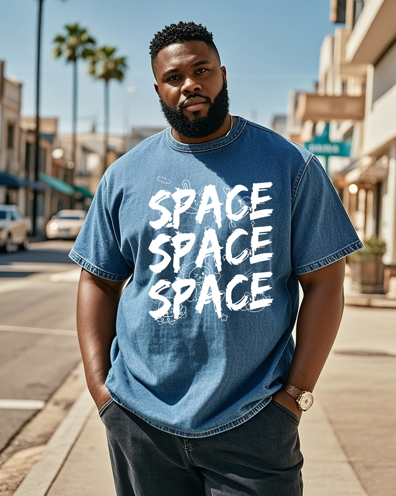Plus Size Men's SPACE Creative Print Denim Short Sleeve T-shirt