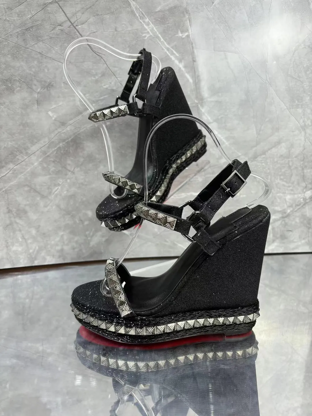  120mm/4.72 Inch Rivet Wedge Sandals Women's Summer New Woven One-piece Waterproof Platform Thick Red Bottom Sandals-vocosishoes