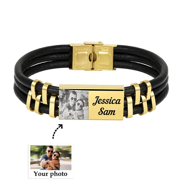 Personalized Photo Bracelet in Gold ID Bar Leather Bracelet Father's Day Gift