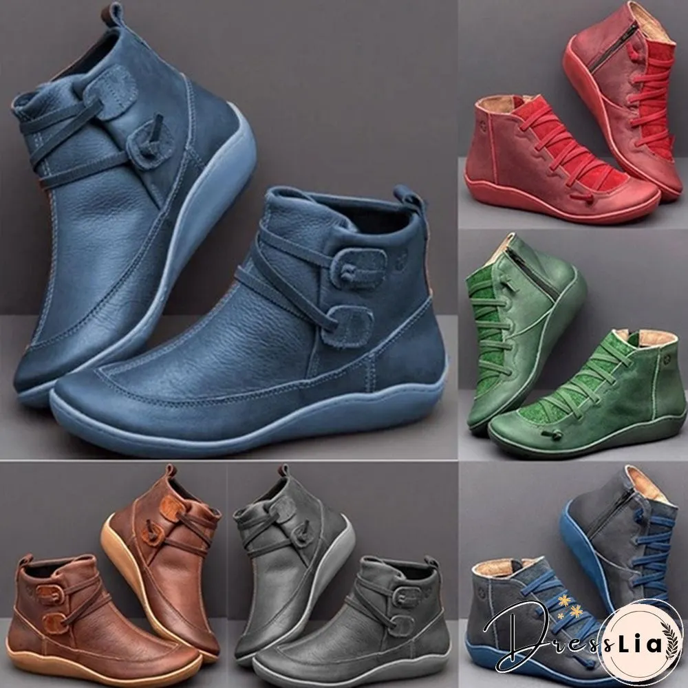 Womens Medieval Vintage Leather Boots Braided strap flat heel all season waterproof slip