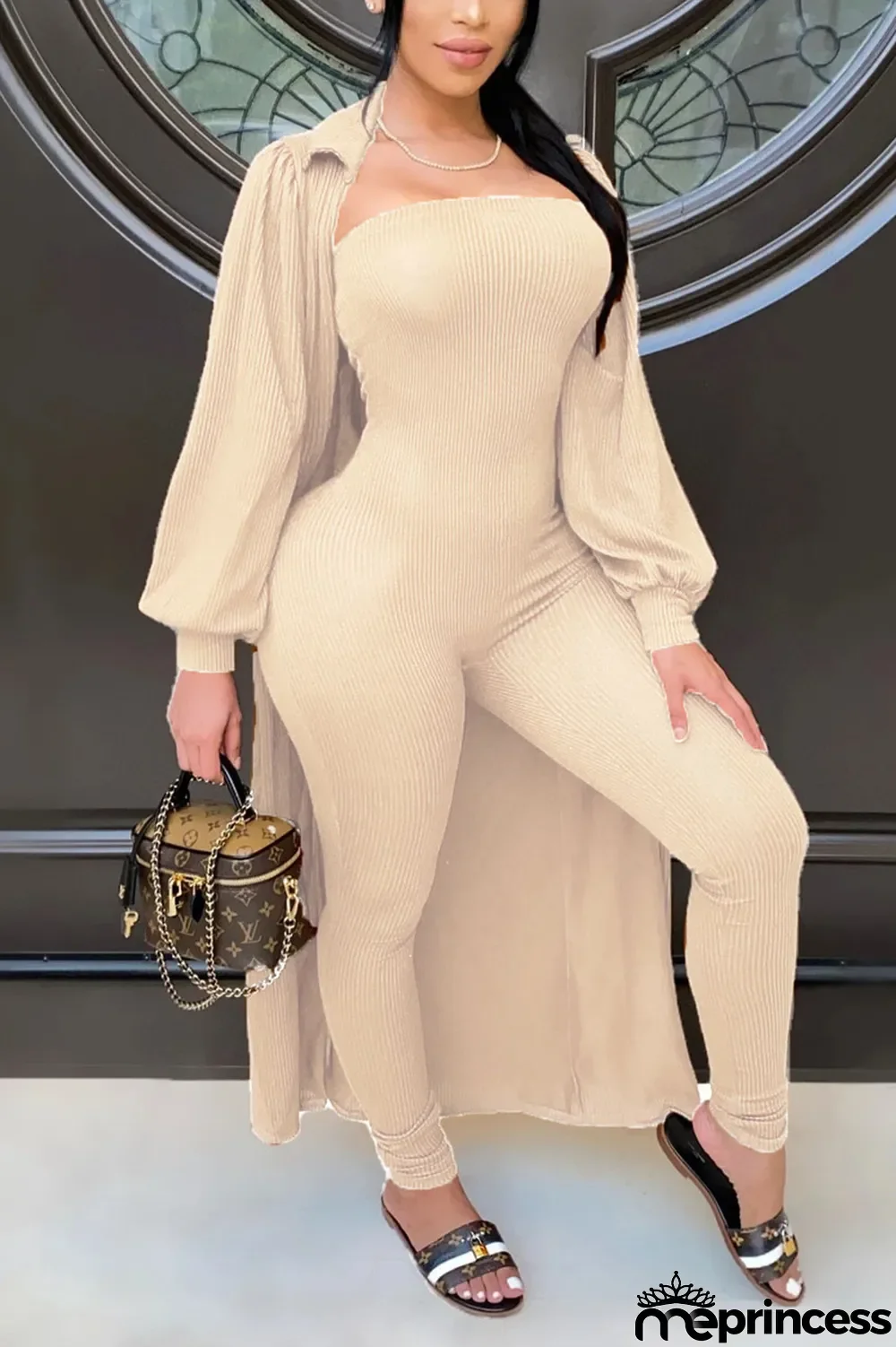 Apricot Fashion Casual Solid Basic Turndown Collar Long Sleeve Two Pieces