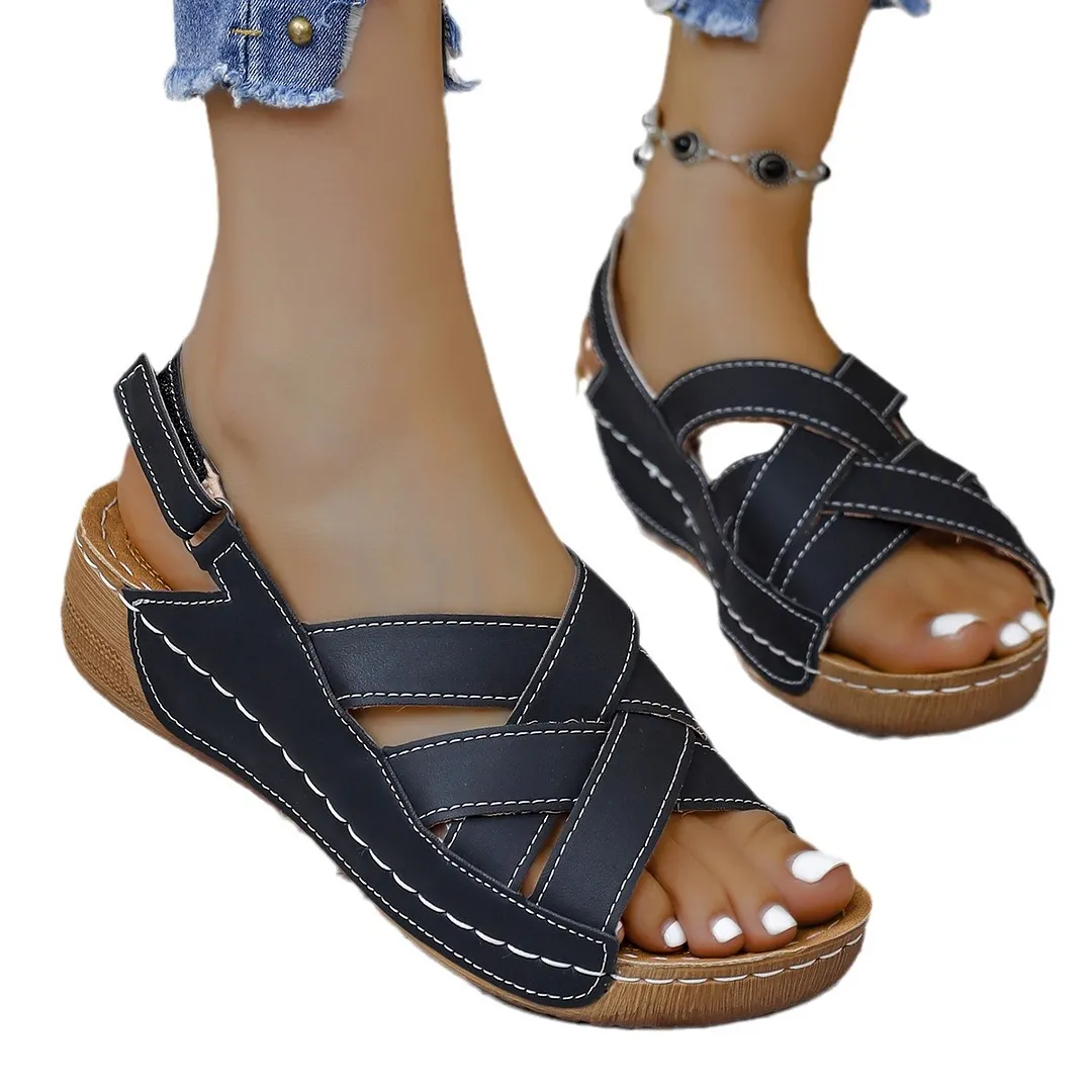 Breakj Breakj New Summer Women's Slope Sandals Thick Sole Buckle With Fish Mouth Sandals Pure-Colored Slope Heel Sandals