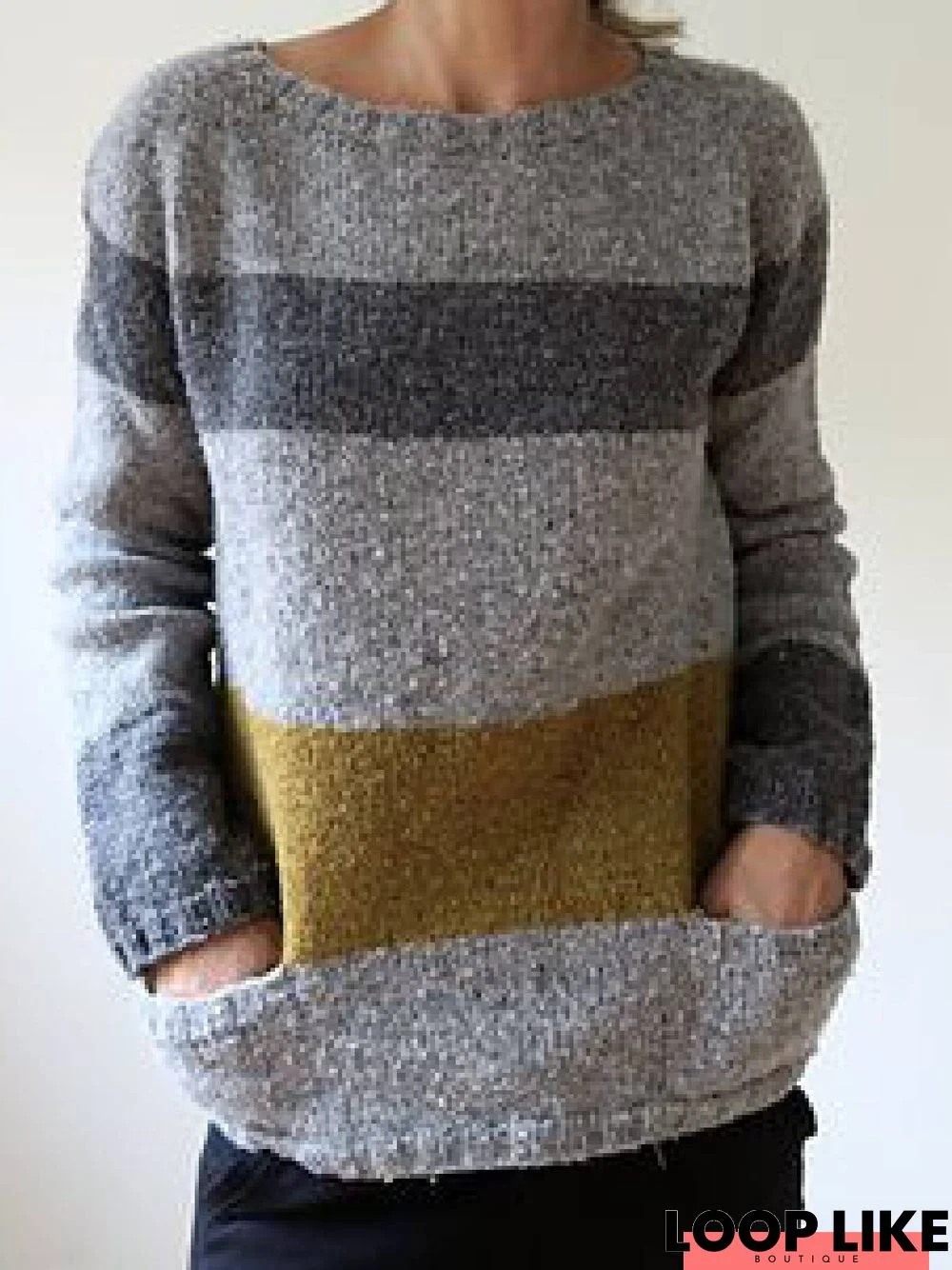 Gray Round Neck Casual Sweater