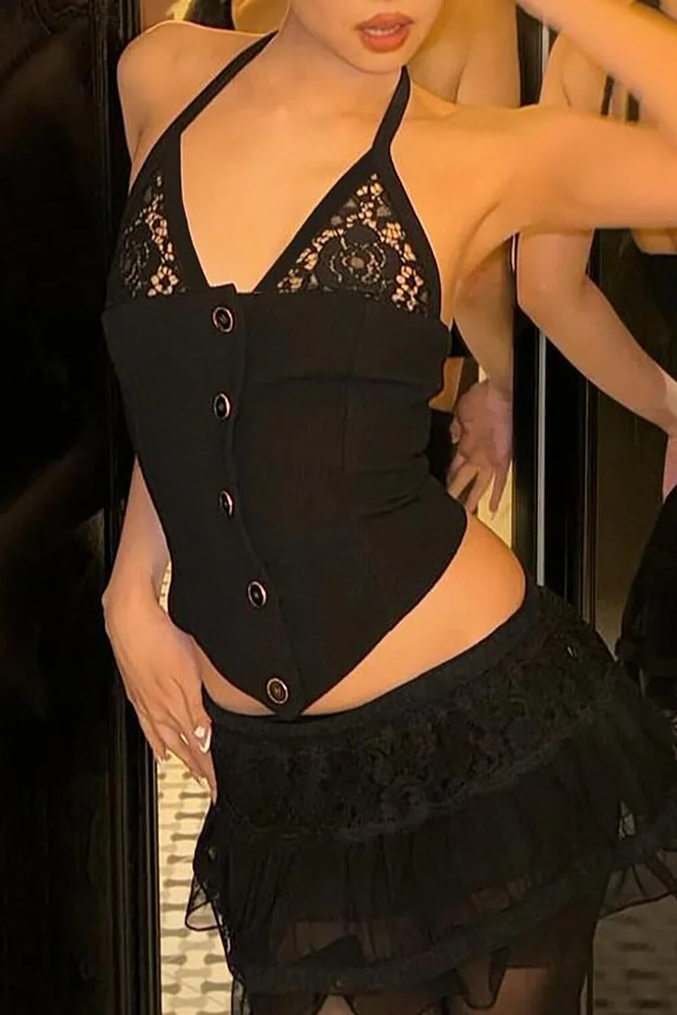 Floral Lace Patchwork V Neck Halter Button Up Irregular Crop Top-Black