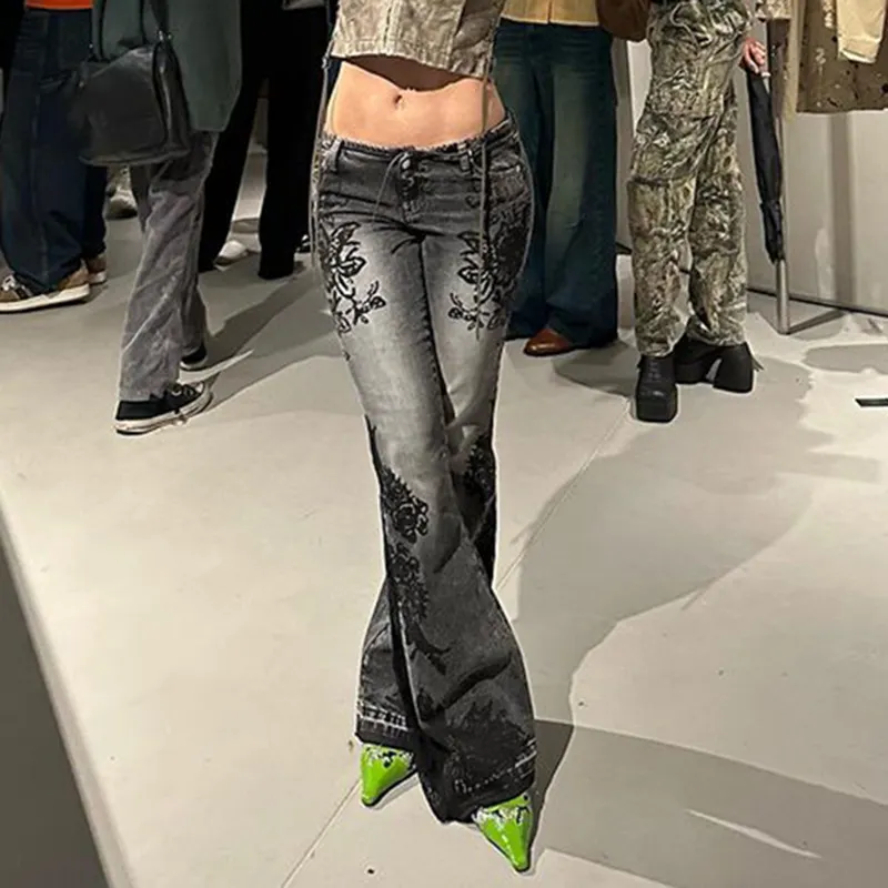 Churchf Churchf High Street Plant Print Wash Water Jeans 2023 Autumn Do Old Low Waist Micro La Pants New Style