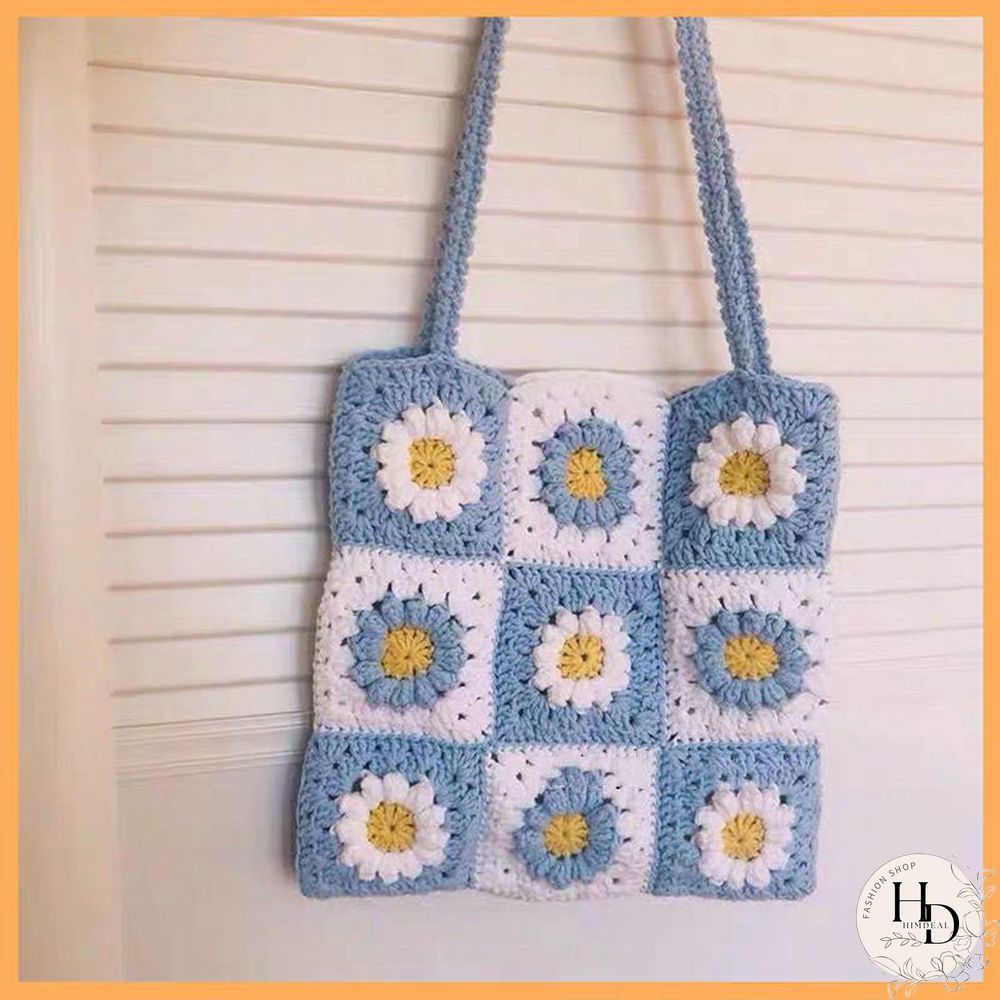 Multi Colors Hand Woven Knit Summer Sunflower Daisy Flowers Tote Bag