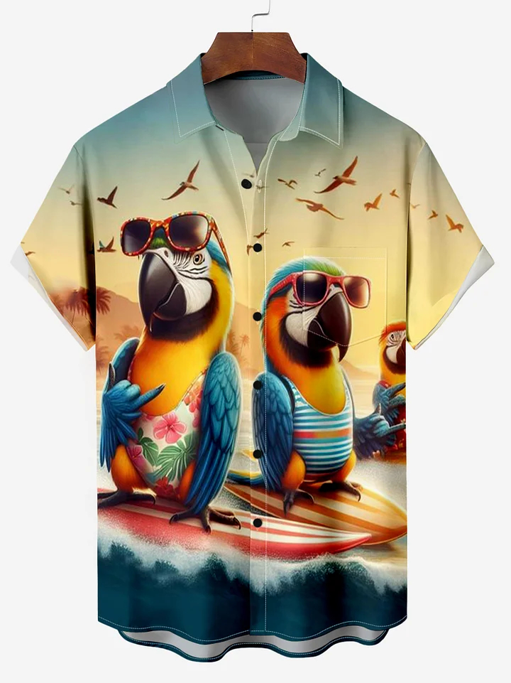 Hawaii Beach Parrot Surf Vacation Short Sleeve Shirt PLUSCLOTHESMAN