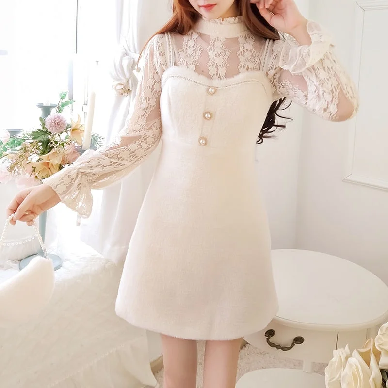 Pink/White Elegant Lace Blouse And Sling Mink Fur Dress Set SP19348