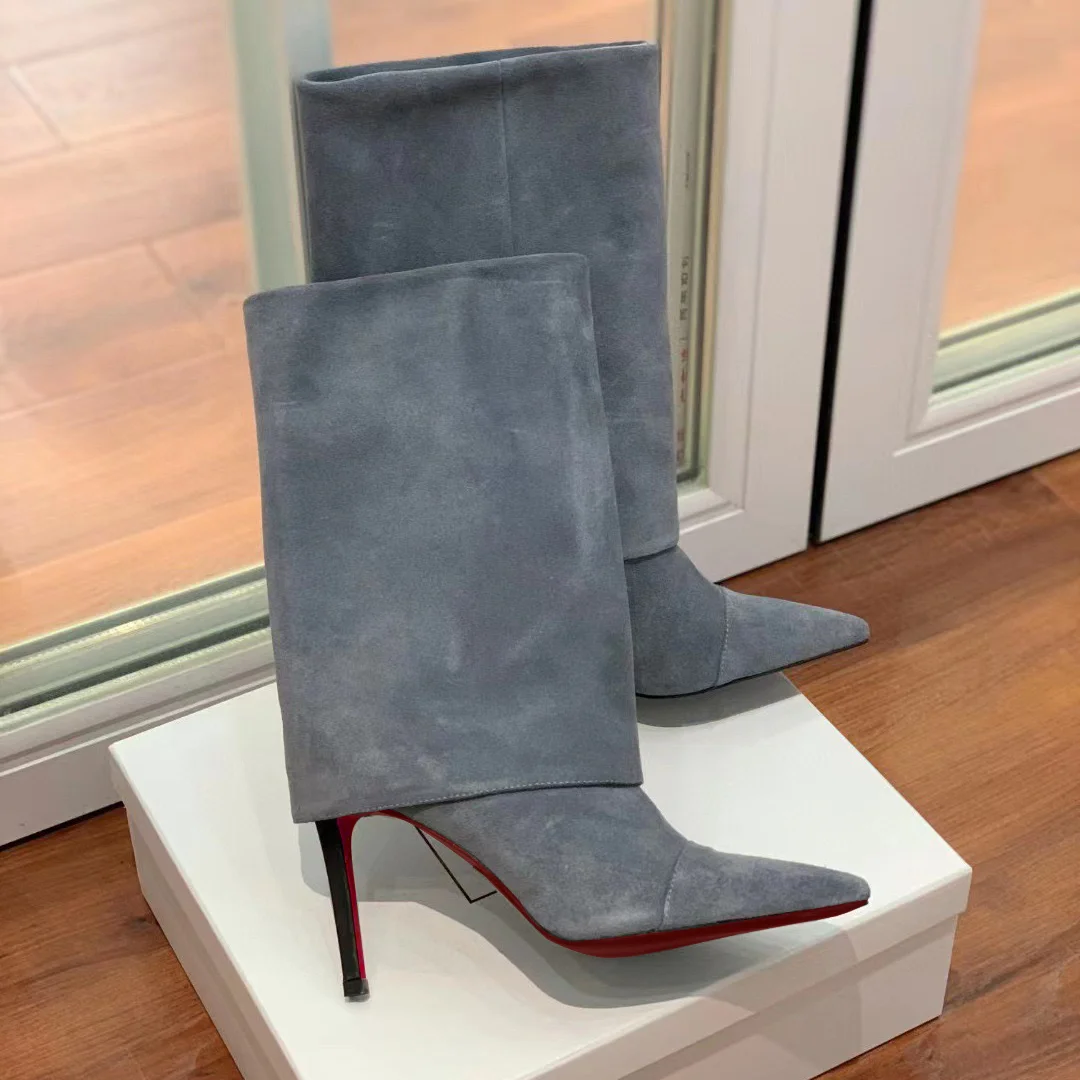 100mm Women's Pointed Toe Stiletto Heel Red Bottom Ankle Boots Suede Boots-MERUMOTE