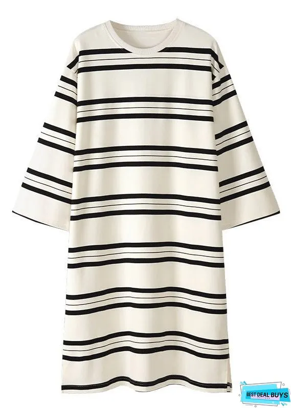 Women Black White Striped O-Neck Cozy Cotton Long Couple Dress Spring
