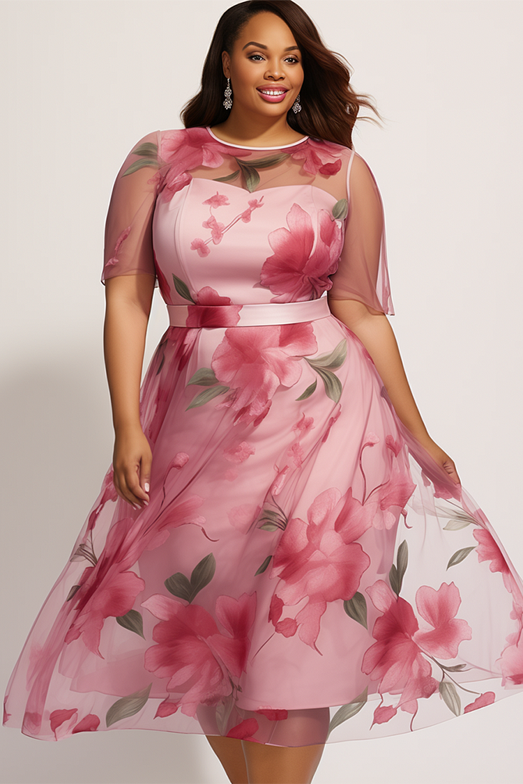 Xpluswear Design Plus Size Wedding Guest Pink Floral Round Neck Short Sleeve See Through Chiffon Midi Dresses Xpluswear