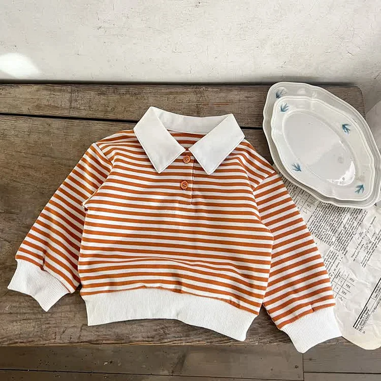 Baby Striped Polo Collar Loose Sweatshirt