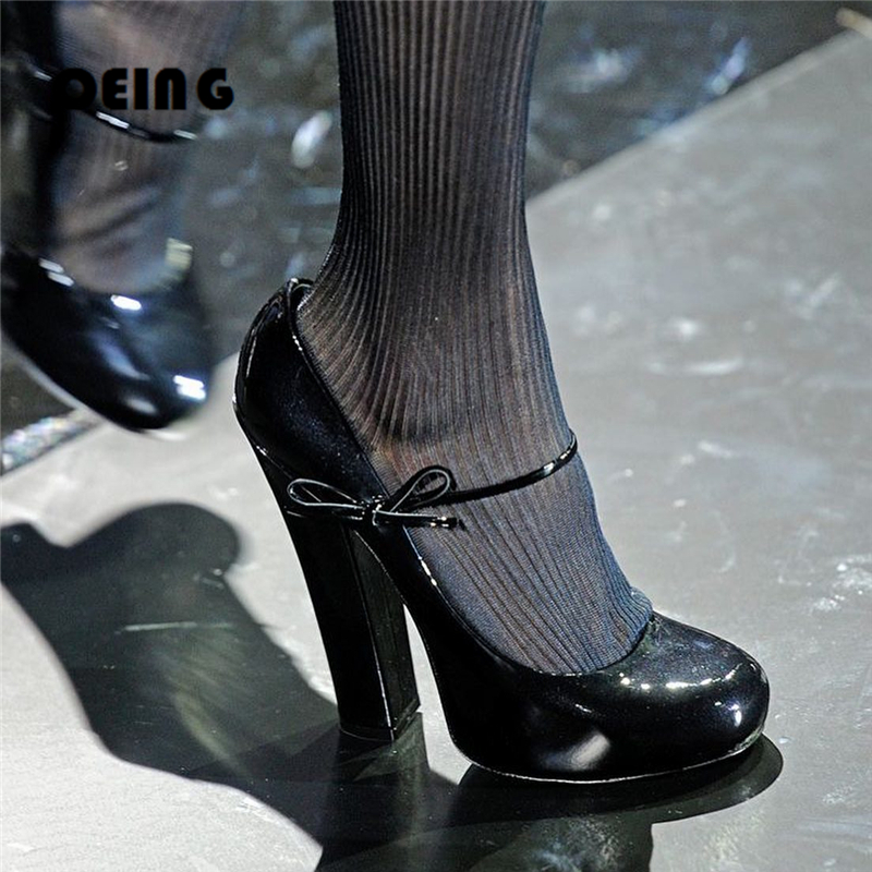 VCSHOES VCshoes Women Bowknot Strap Pumps Runway Style Patent Leather Block Heels Pumps Ladies Round Toe Ankle Straps Mary Jane Shoes 44