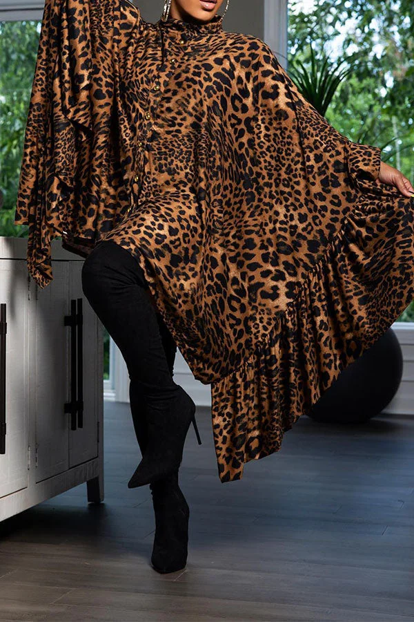 Leopard Print Whimsical Batwing Sleeve Mini Dress