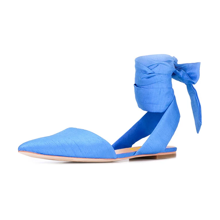 Women's Light Blue Pointed Toe Ankle Strap Flats Sandals |FSJ Shoes