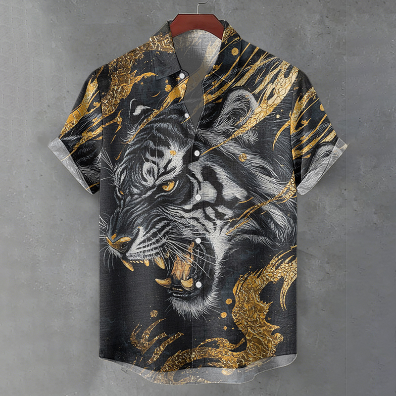 Men's Vintage Tiger Art Print Short Sleeve Shirt  artssus