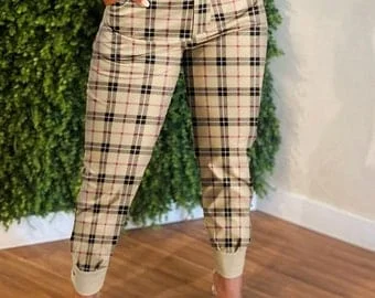 pornhint Pornhint Plaid Print Buttoned Detail High Waist Pants