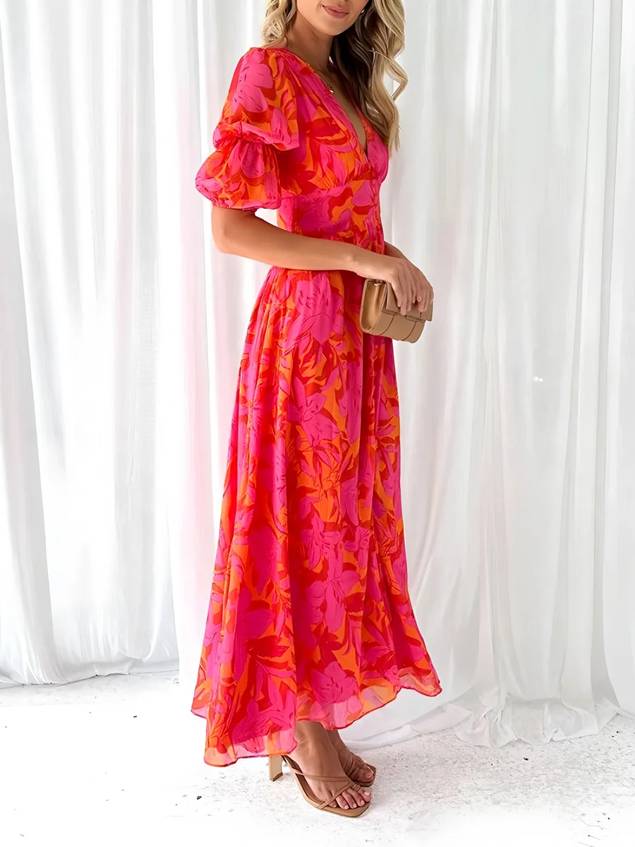 Athvotar Athvotar Fashion Print Bubble Sleeve Deep V-Neck Open Fork Sexy Lady Long Dress