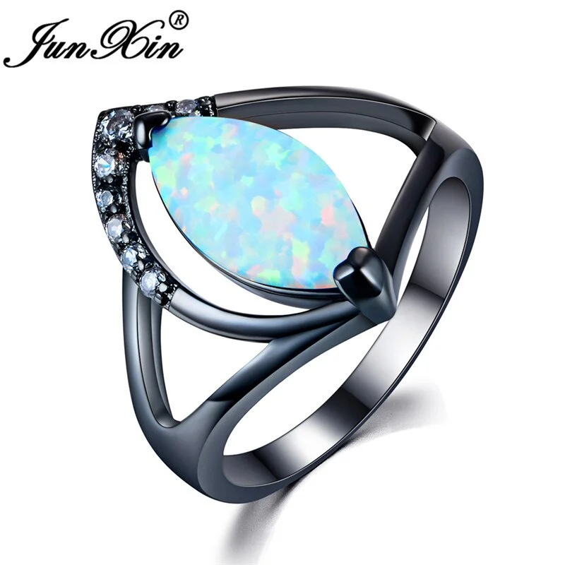 JUNXIN New Stylish Big Horse Eye Blue/White Fire Opal Rings For Women Black Gold Filled Round Crystal Zircon Hollow Bridal Ring