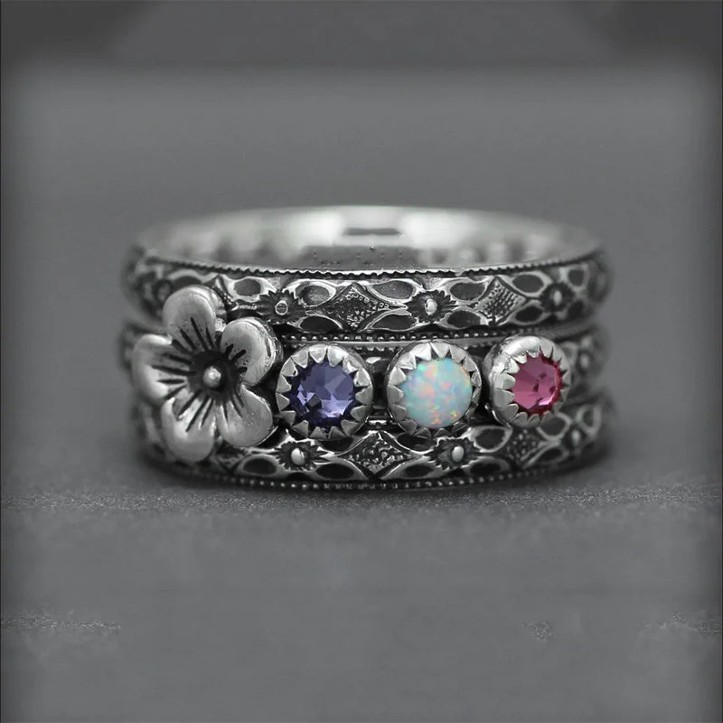 3-ring Set Flower Birthstone Ring Set Ring Stack Best Gift for MOM,Wife,Girlfriend Husband Boyfriend Dad