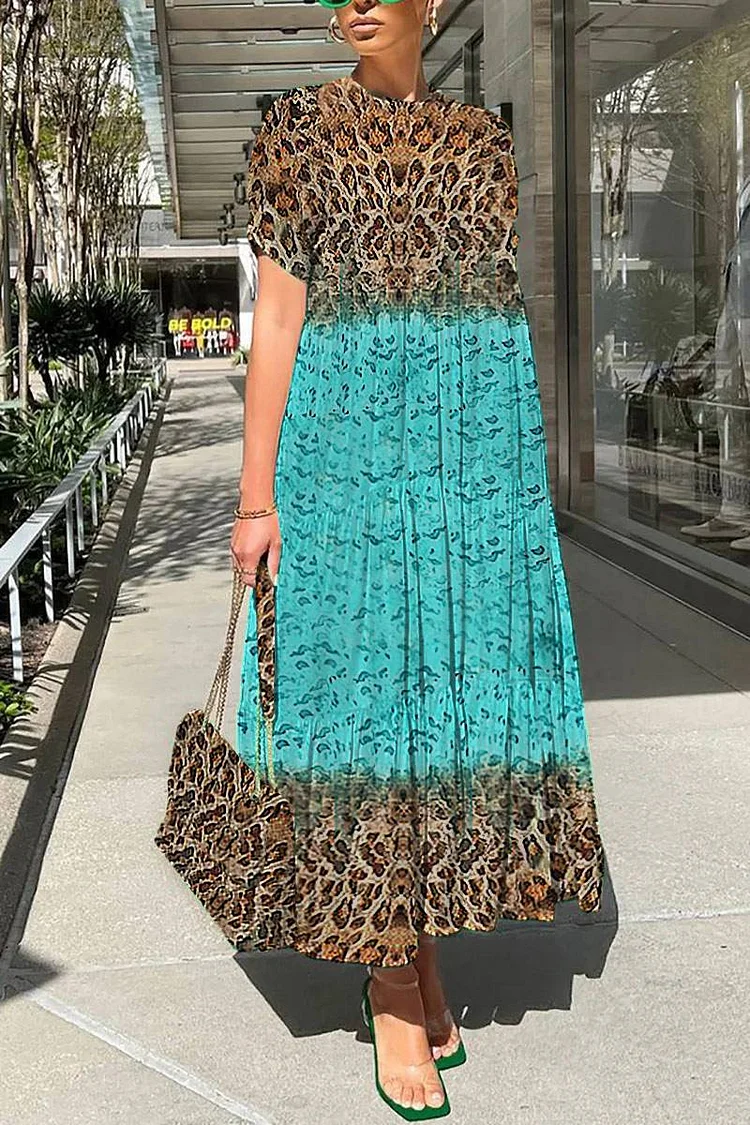 Plus Size Cyan Daily All Over Print Short Sleeve Midi Dresses 