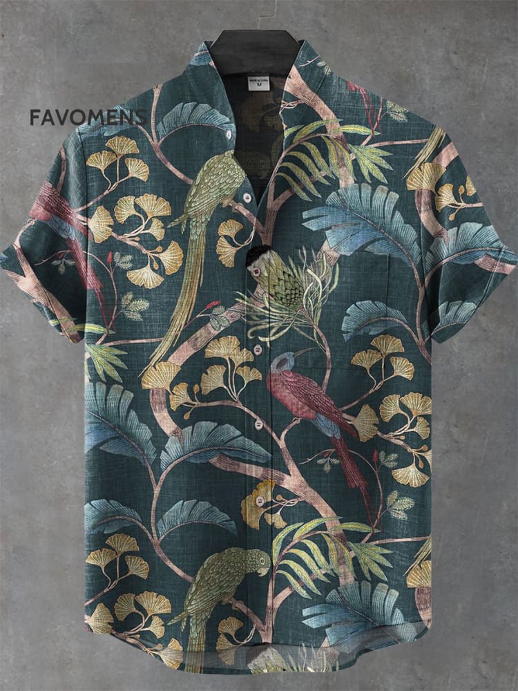 Vintage Botanical And Bird Art Print Casual 100% Cotton Shirt Multicolor / S