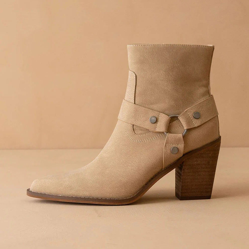 Khaki Pointed Toe Studded Block High Heeled Ankle Boots with Zipper