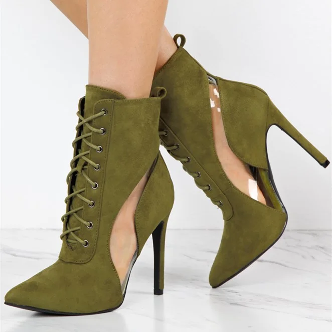 Olive Retro Pointy Toe Ankle Stiletto Boots Vdcoo