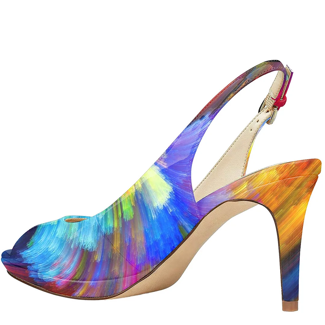 Blue Patent Leather Colorful Shaded Printed Elegant High Heel Sandals
