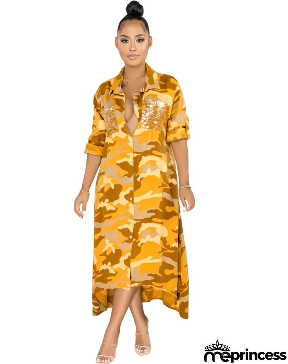 Autumn Camou Print Long Blouse Dress with Sequins Pockets