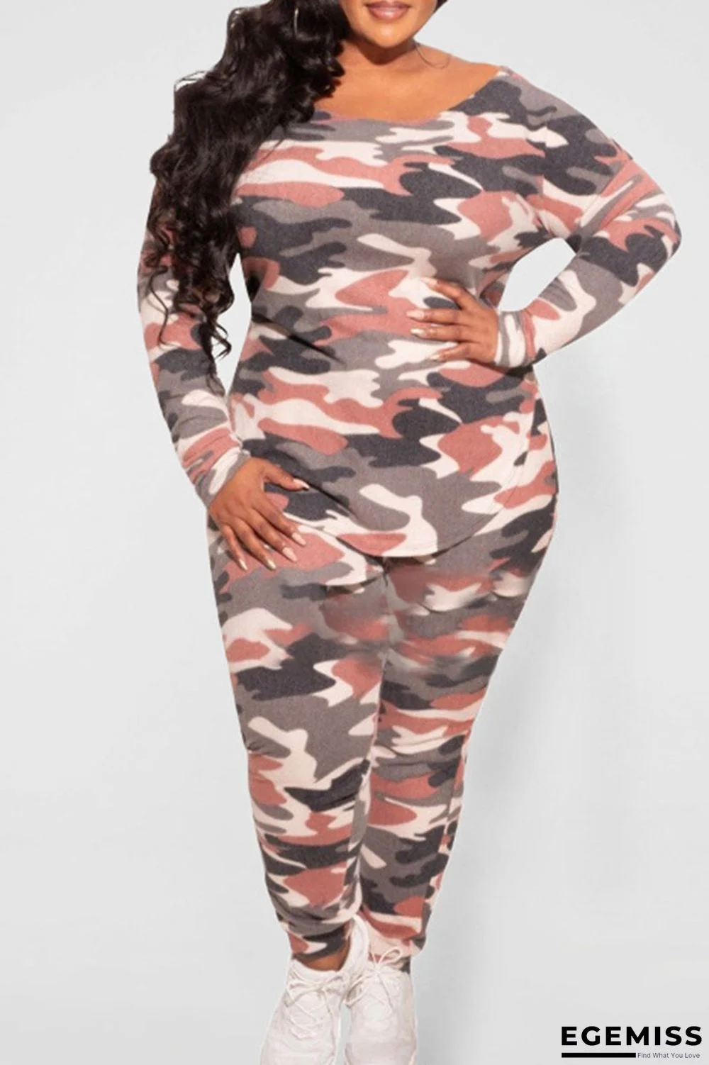 Orange Pink Casual Print Camouflage Print Patchwork O Neck Plus Size Two Pieces | EGEMISS