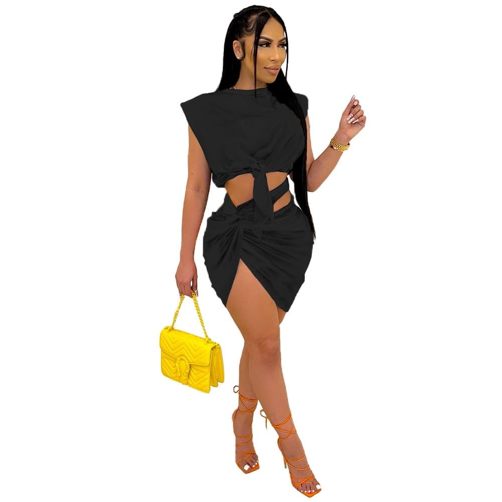 CM.YAYA Women Set Solid Sleeveless Bandage Crop Tops Asymmetrical Mini Skirts Two 2 Piece Sets Sexy Fashion Outfit Summer 2021