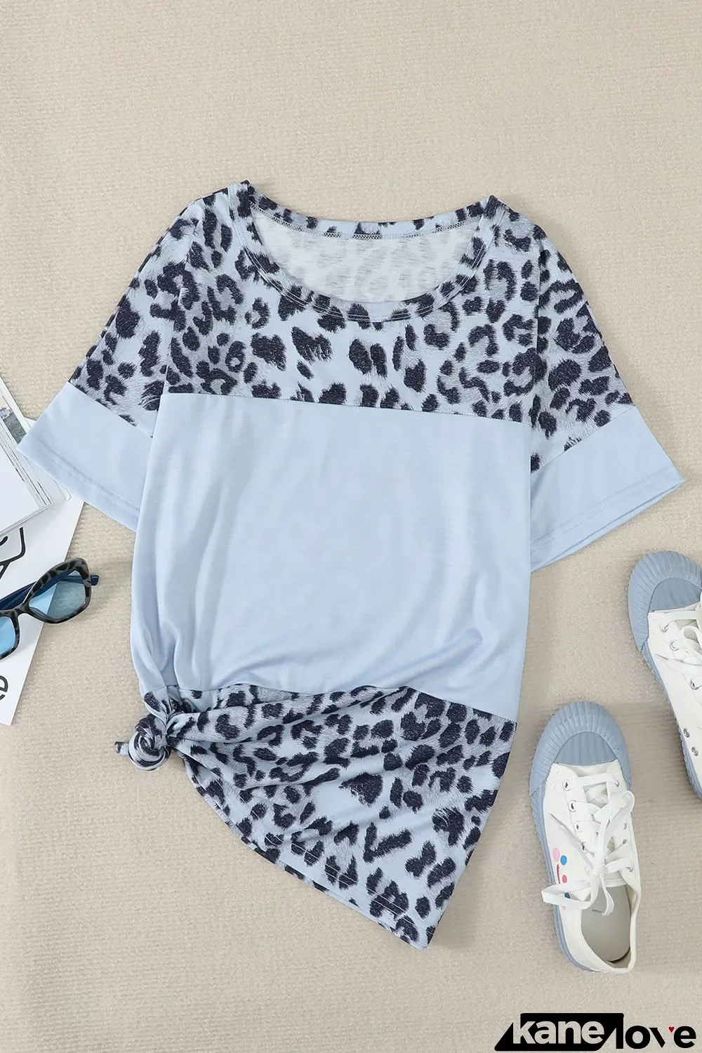 Sky Blue Fierce Leopard Print Color Blocking Tee