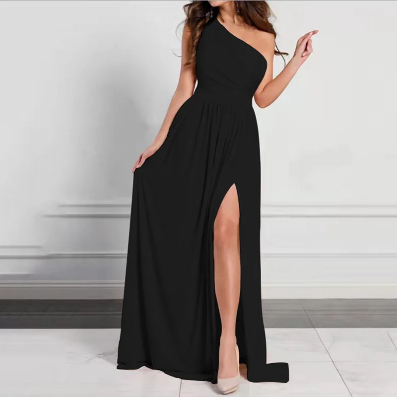 Sloping Shoulder Elegant Sleeveless Slit Maxi Dress