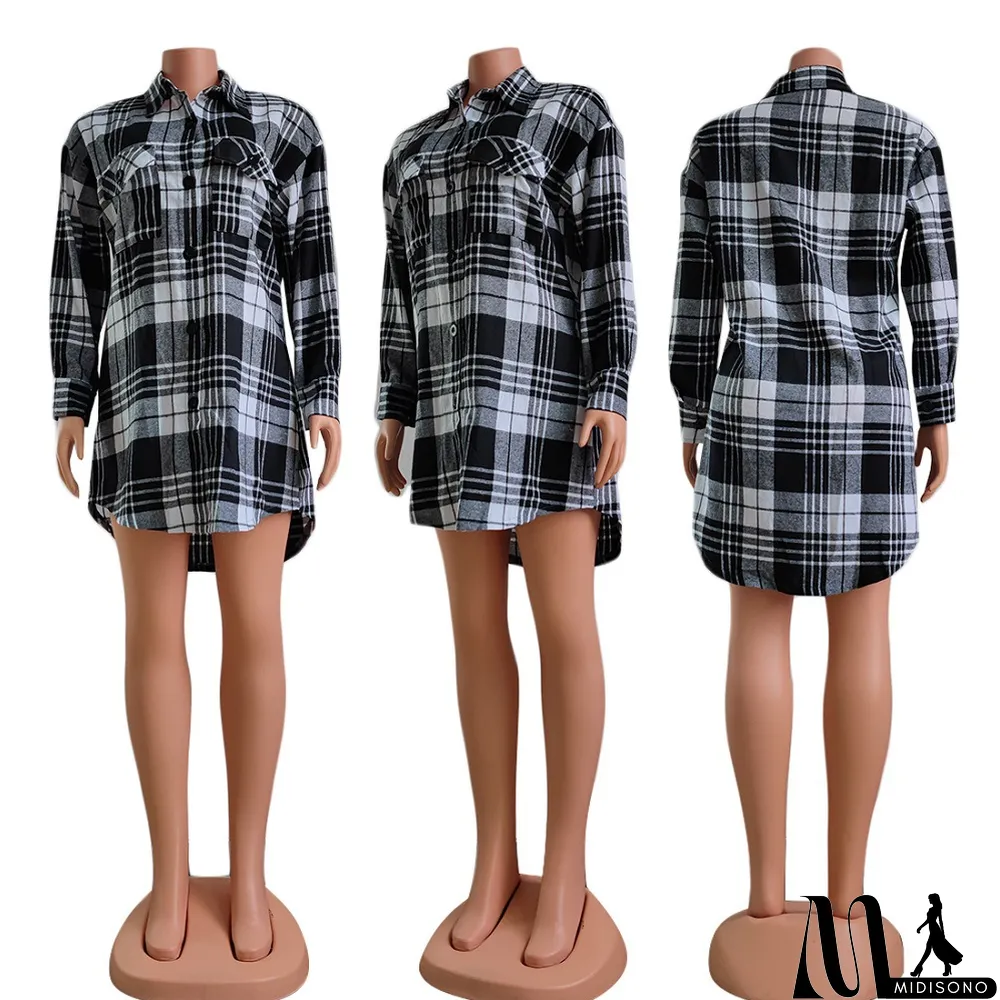 MidiSono - Plaid Long Sleeve Loose Shirt Top