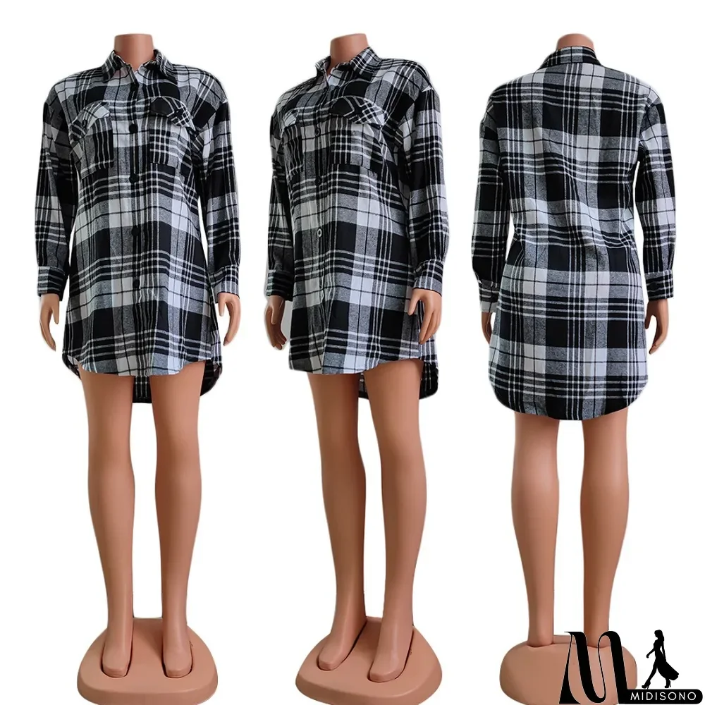 MidiSono - Plaid Long Sleeve Loose Shirt Top
