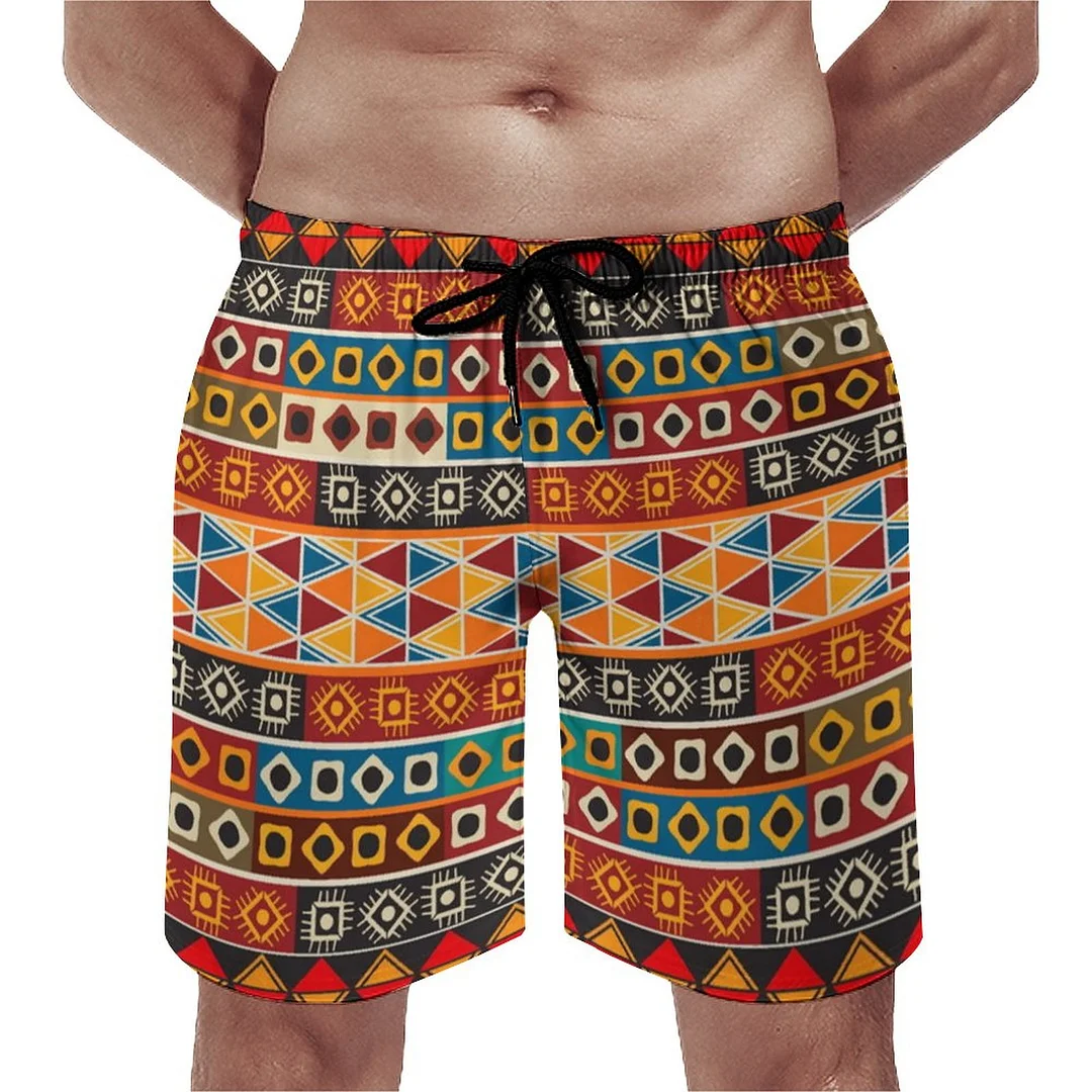 African Retro Colorful Red Green Geometric Men's Swim Trunks Summer Board Shorts Quick Dry Beach Short with Pockets