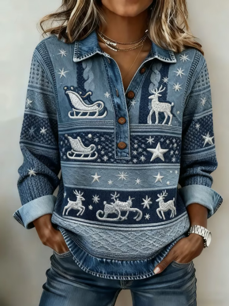 Women's Retro Christmas Casual Collared Top elevenforest