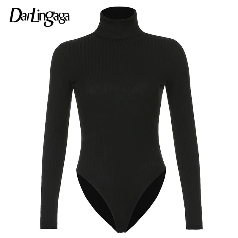 Darlingaga Autumn Winter Ribbed Knitted Long Sleeve Bodysuit Women Skinny Basic Solid Body Femme Casual Turtleneck Bodysuits Top