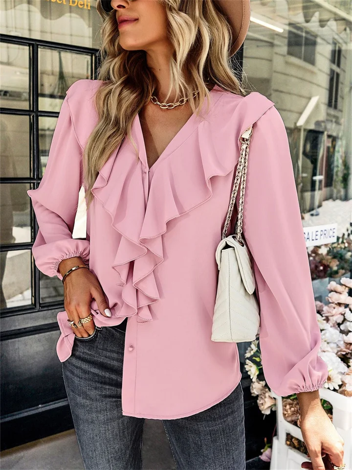 Temperament Commuter Solid Color Long-sleeved Slim Type Comfortable and Elegant V-neck Shirt Spring and Autumn Four Seasons Models Tops Female