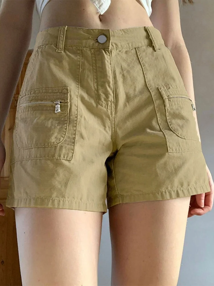 Jacuqeline Summer Low Waist Casual Harajuku Women's Shorts 2022 Asymmetri Pocket American Workwear Button Short Pants Street Y2K