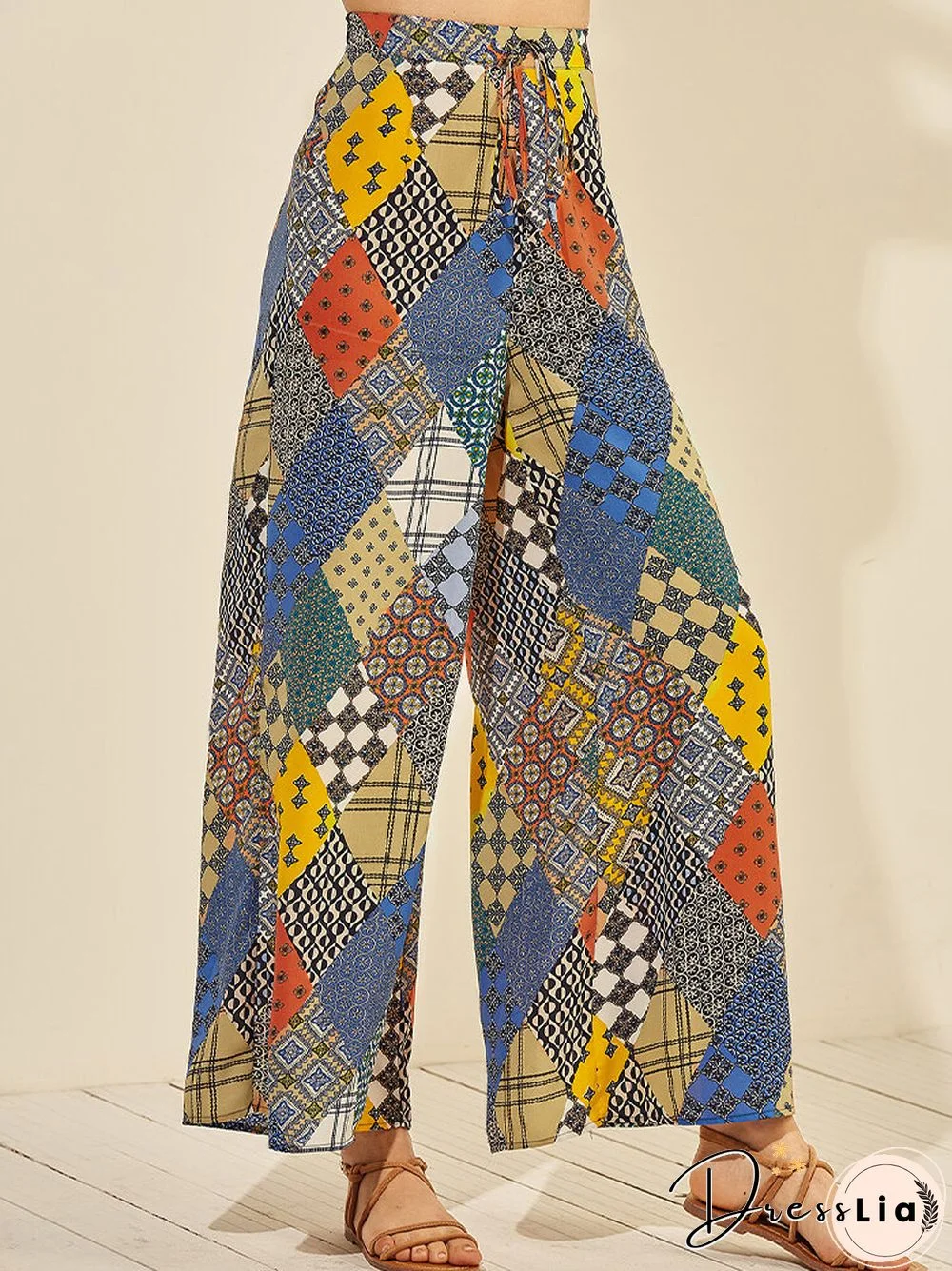 Colorful Plaid Print Drawstring Loose Long Casual Pants for Women