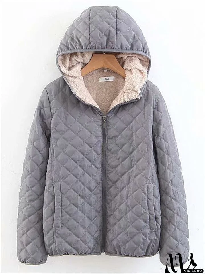 MidiSono - Women's Sports Style Solid Color Plush Liner Short Coat with Hood