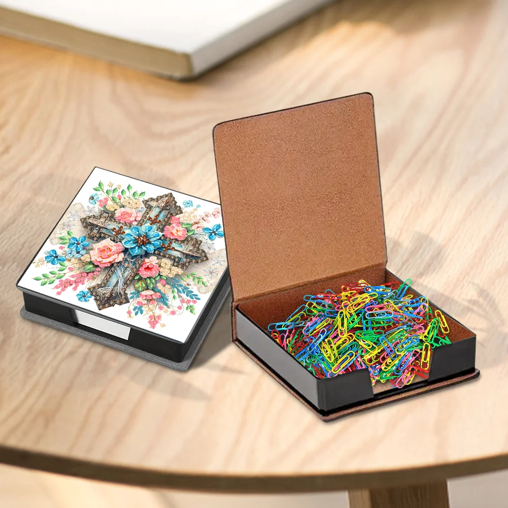 DIY Flower Cross Leather Diamond Art Note Box with 160 Sheets of Paper for Beginners