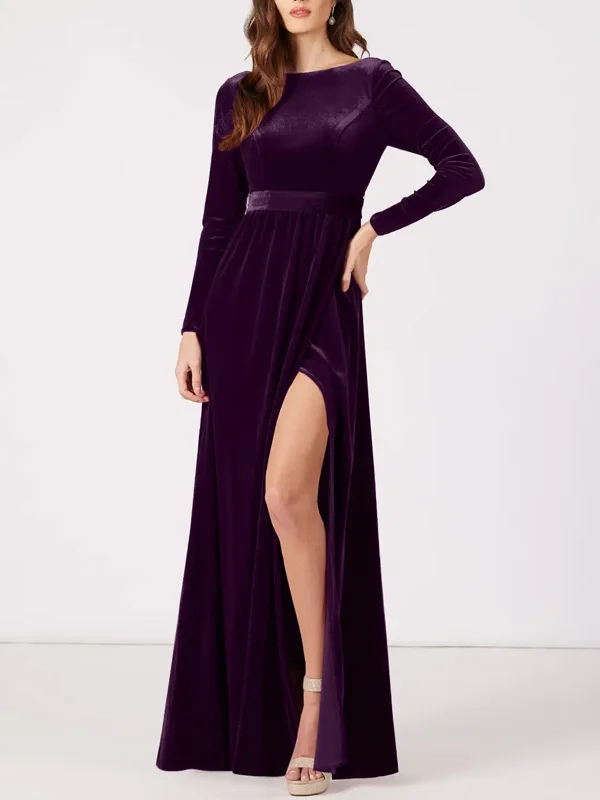 A-Line Long Sleeve Velvet Floor-Length Dress Grape