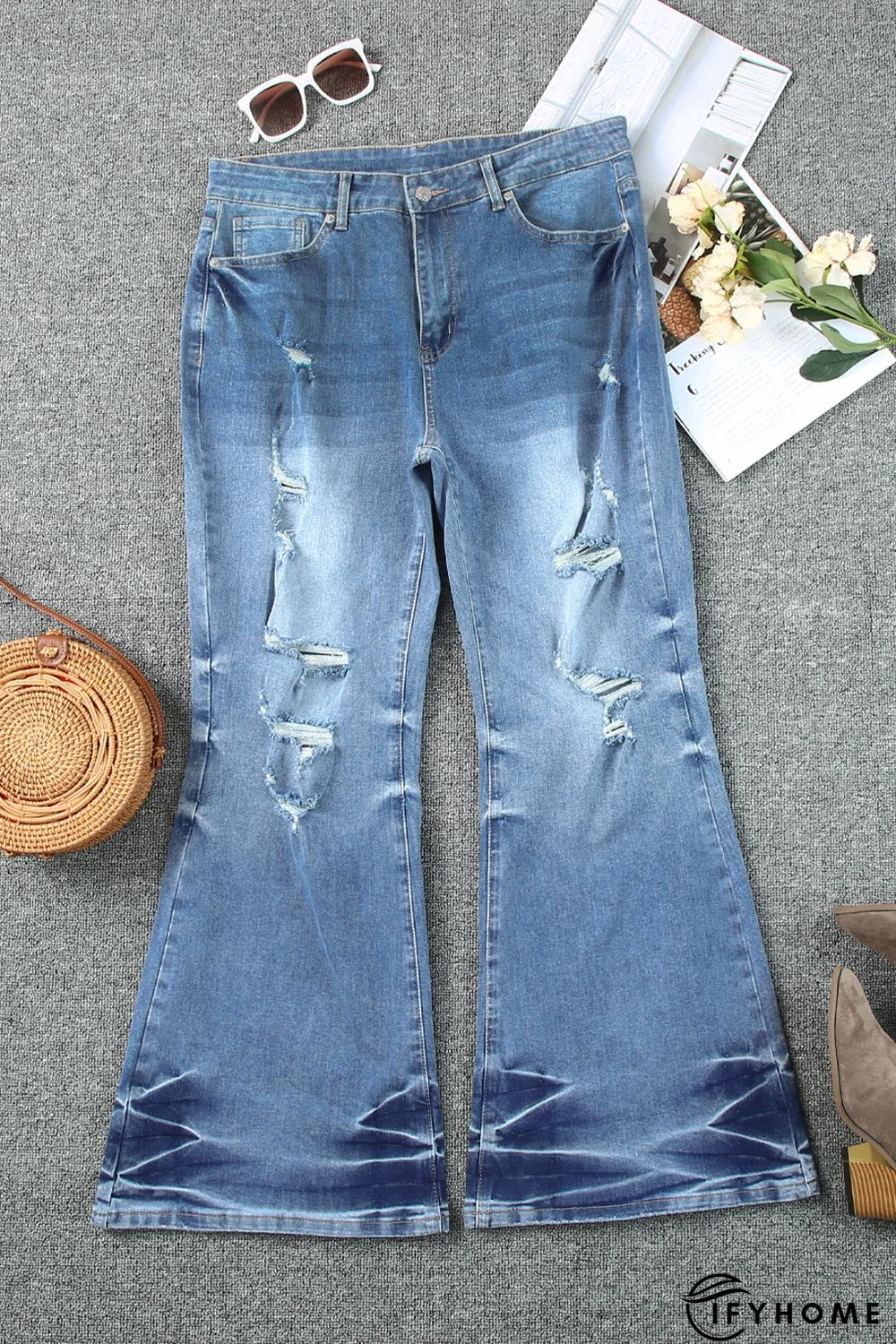Sky Blue Plus Size Distressed Flare Jeans | IFYHOME