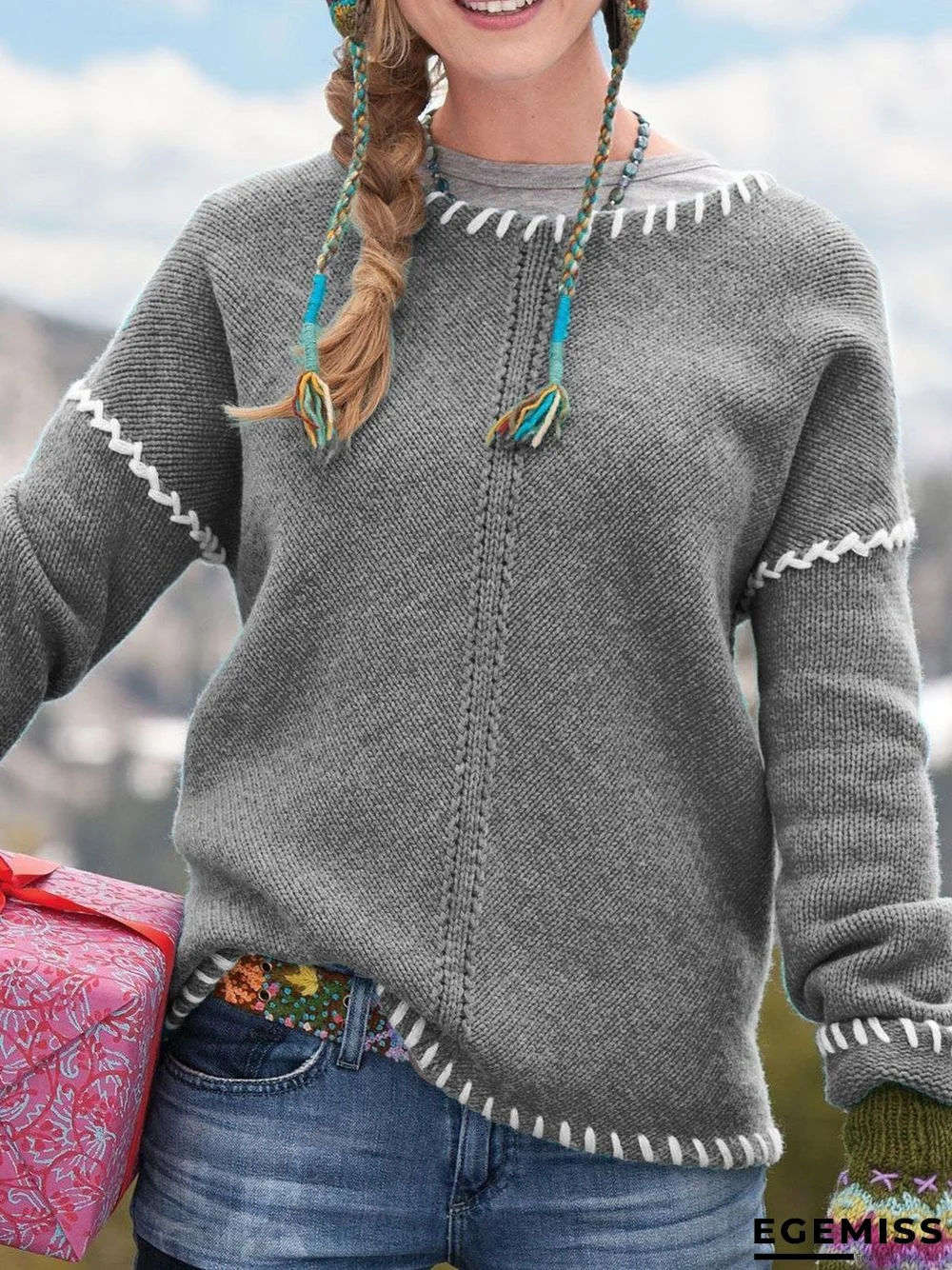 Blue Casual Knitted Plus Size Sweater | EGEMISS